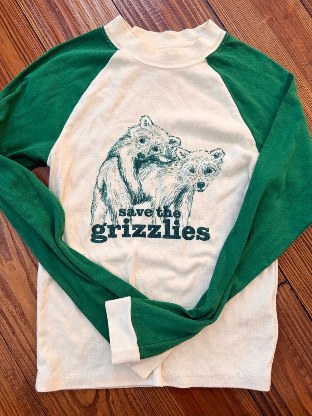Urban Outfitters Green & Cream 'Save the Grizzlies' Raglan Long Sleeve Tee